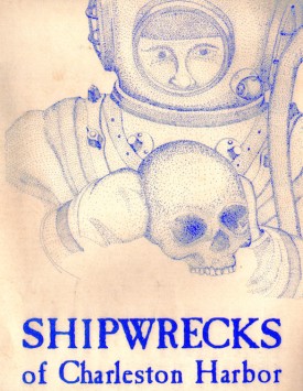 Cover of <em>Shipwrecks of South Carolina</em> by E. Lee Spence, showing an old fashioned helmet diver holding a human skull. Dr. Spence has discovered numerous shipwrecks in and around Charleston Harbor and approaches, including the Hunley, which was the first submarine in history to sink an enemy ship. He moved away from Charleston after his home on Sullivan