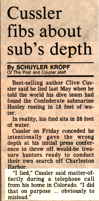 News clipping about Clive Cussler's admitted lie about the Hunley's location.