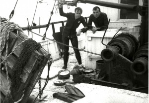 Lee Spence and Ron Gibbs take a break from salvaging the Georgiana.