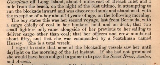 Dispatch regarding the loss of Mary Bowers on the wreck of the Georgiana giving the location of the wrecks
