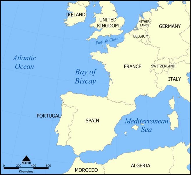 Map showing the Bay of Biscay between France and Spain