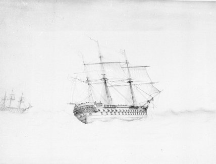 Sketch of HMS Albion in a gale by John 'Vallack' Tom