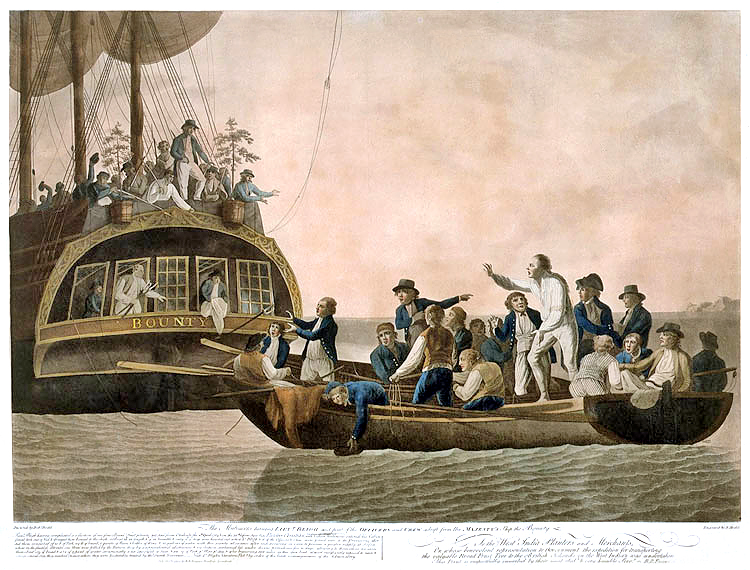 Print showing the mutineers turning Lt. Bligh and part of the officers and crew adrift from HMAV Bounty, 29 April 1789, by artist and engraver: Robert Dodd (1748–1816), published by B B Evans