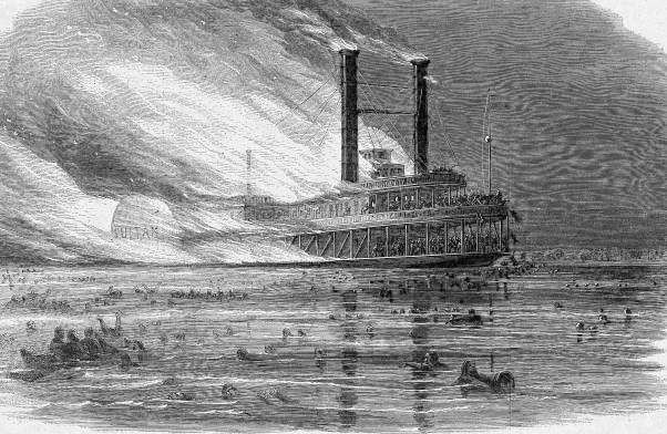 print showing the destruction of the Mississippi River steamer Sultana with the loss of 1,547 men.
