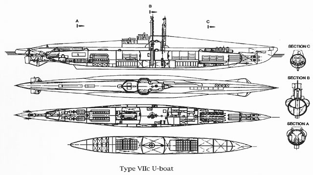 Cross section sketch of Type VIIC German submarine