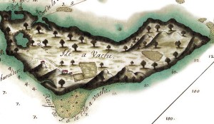 Map detail showing Ile a Vache, Haiti circa 1700