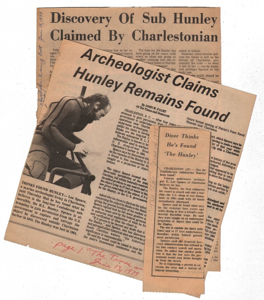 Miscellaneous newspaper articles from 1975 reporting on the announcement by Dr. E. Lee Spence of his 1970 discovery of the Hunley.