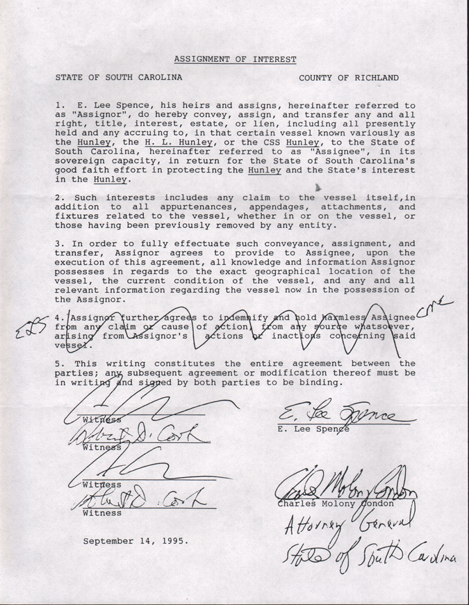 Assignment of Interest in Hunley by Spence to State on Sept 14 1995