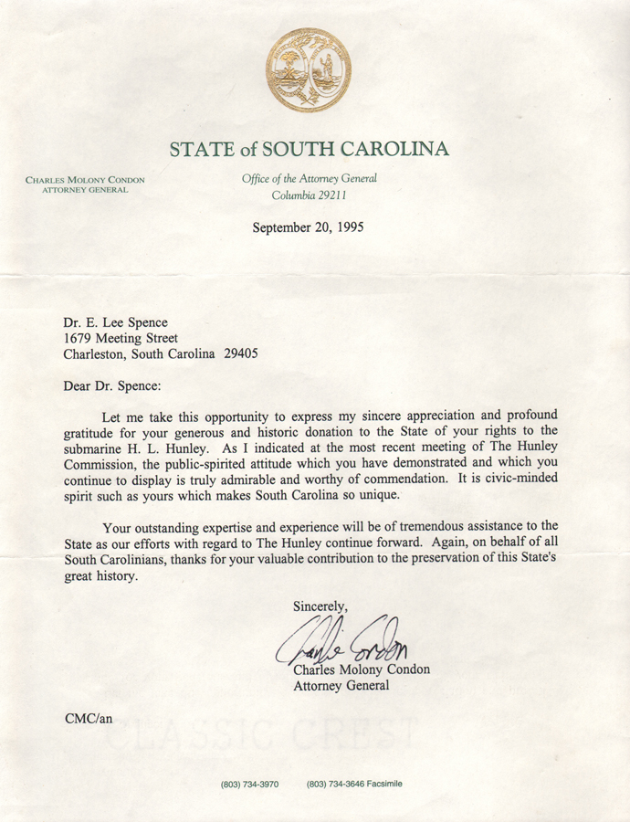 September 20, 1995, letter from South Carolina Attorney General Charles M. Condon, thanking me for my “generous and historic donation” of my rights to the Hunley to the State.