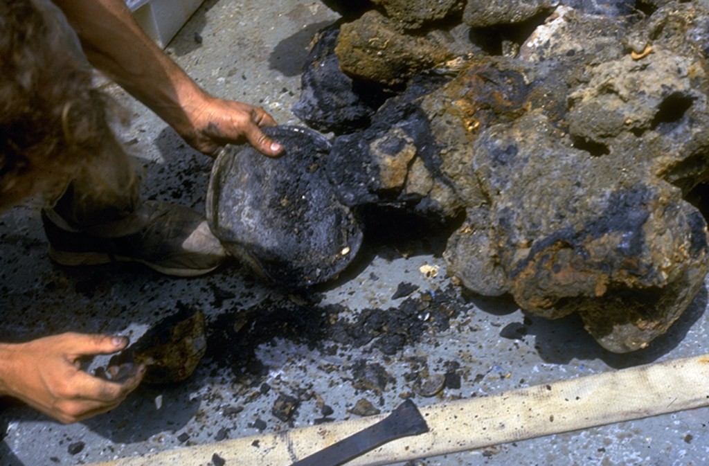 Diver breaks apart conglomerate containing pewter plates & silver plates found on Cape Romain shipwreck. 1987 Photo courtesy Dr. E. Lee Spence & Shipwrecks Inc.