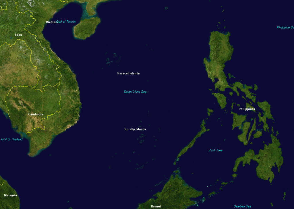 Satellite view of the South China Sea showing the location of the Paracel Islands.