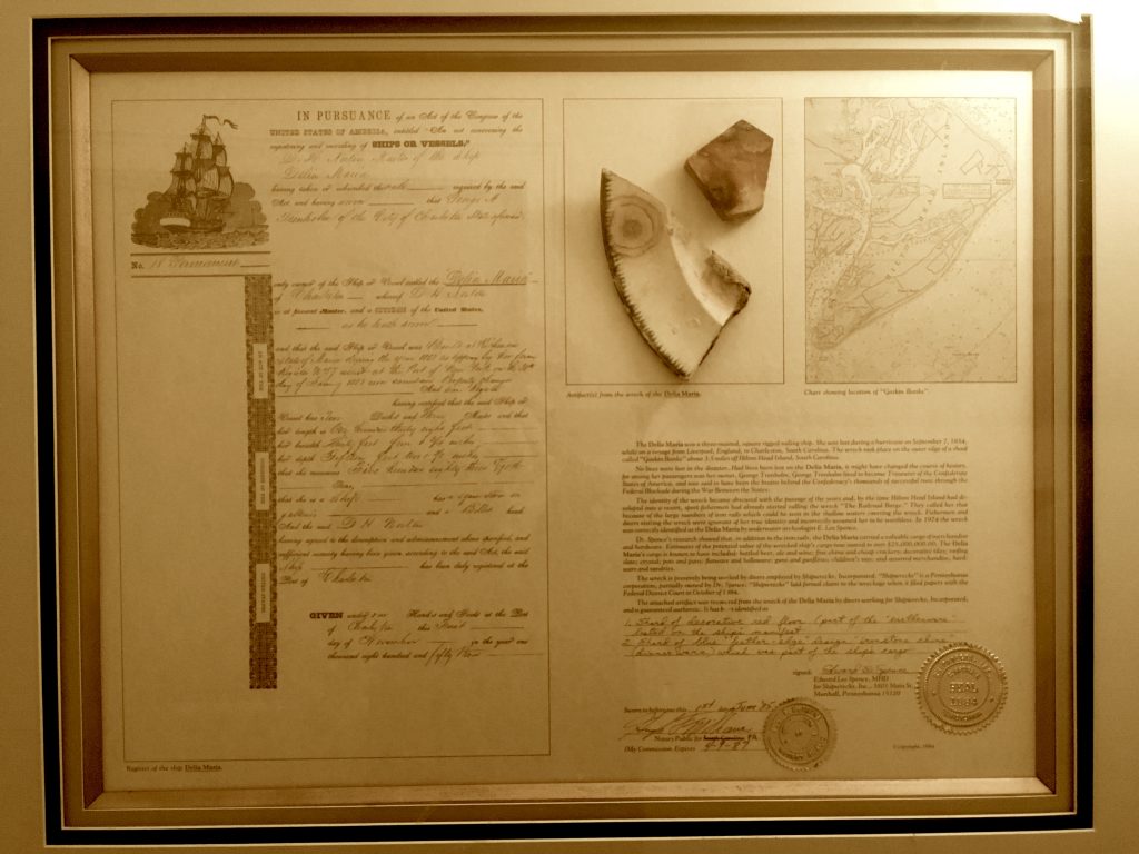 Delia Maria shipwreck artifact certificate