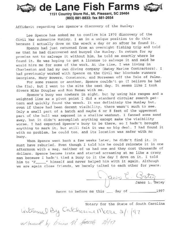 Affidavit by Jim Batey about his diving on the Hunley shortly after its discovery by Spence. 
