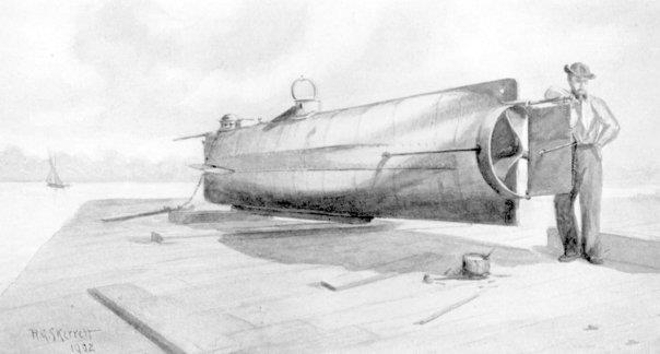 Sketch of the Hunley showing it on a dock in Charleston. According to a new book, the Hunley would have been buried and not visible for Spence to see in 1970. Spence says the scientific data relied on by the author was unreliable and should not have been used.