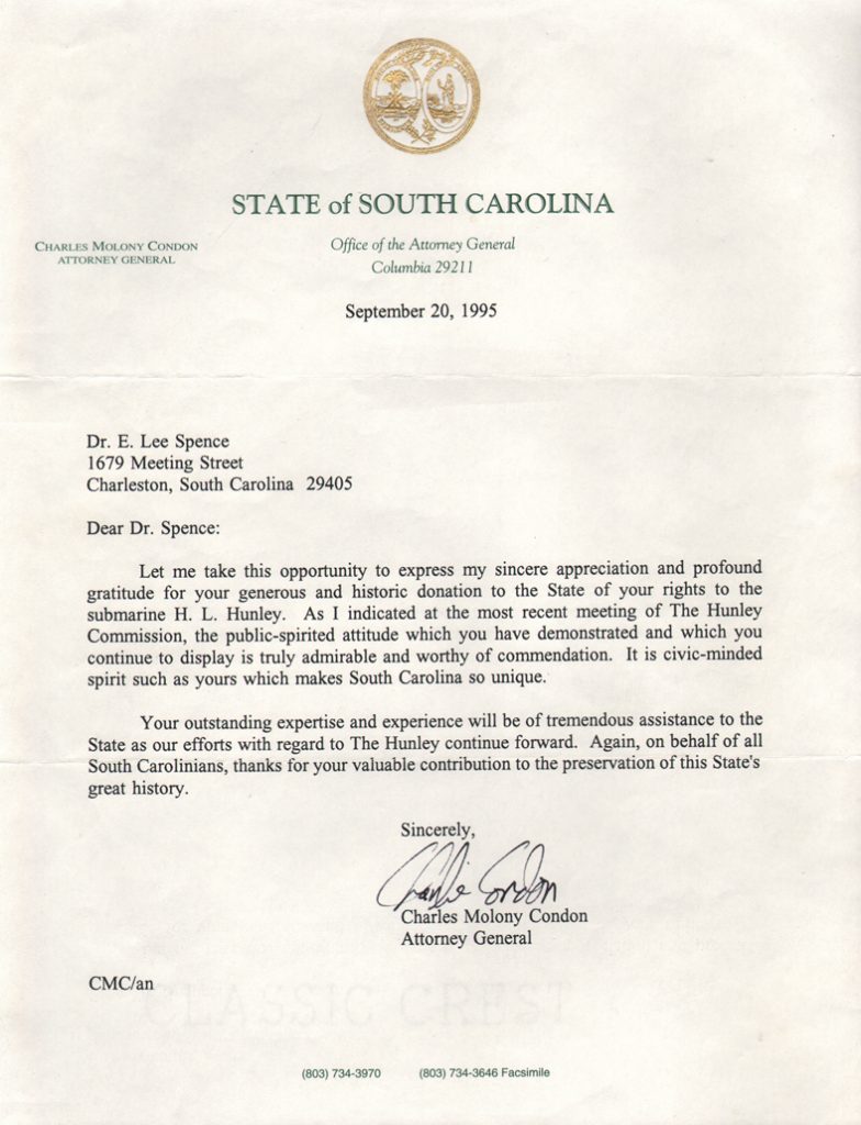 Spences Hunley papers Attorney General Condon thank you Sept 20 1995 FB 95