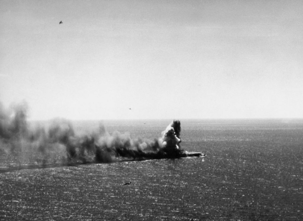 Dramatic shot of the detonation of a 1,000-pound (450 kg) bomb on Sh?h? during the Battle of the Coral
