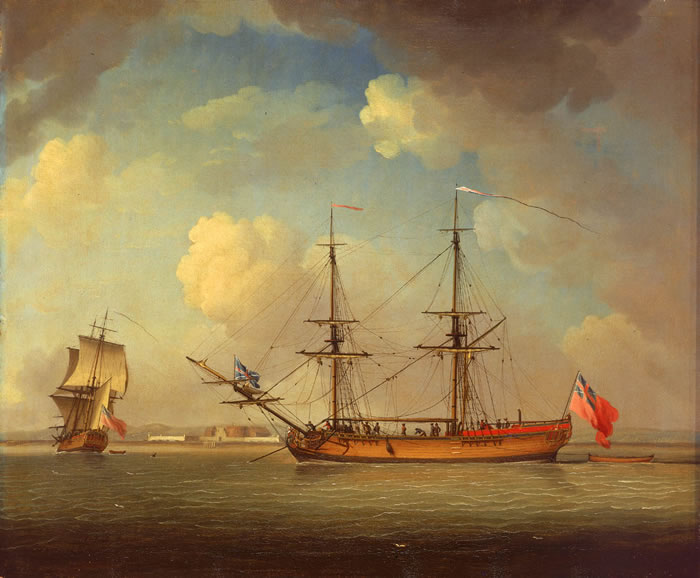 painting showing a snow, which is a square rigged vessel with two masts, complemented by a trysail-mast stepped immediately aft the main mast.