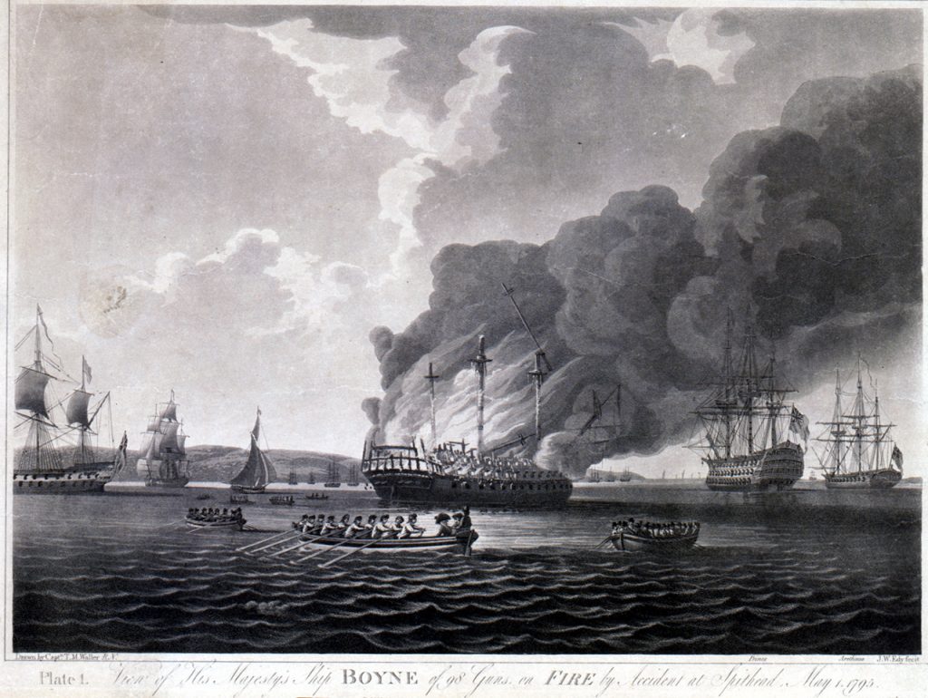 HMS Boyne, 98 guns, shown burning at Spithead on May 1, 1795