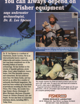Advertisement showing Dr. E. Lee Spence holding coral encrusted artifact and Fisher underwater metal detector. It also shows bottles and olive jars recovered from shipwrecks found by Spence during an expedition in South America.