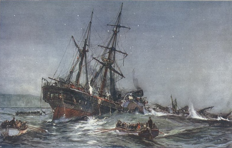 Painting showing lifeboats around the shipwreck of the Birkenhead