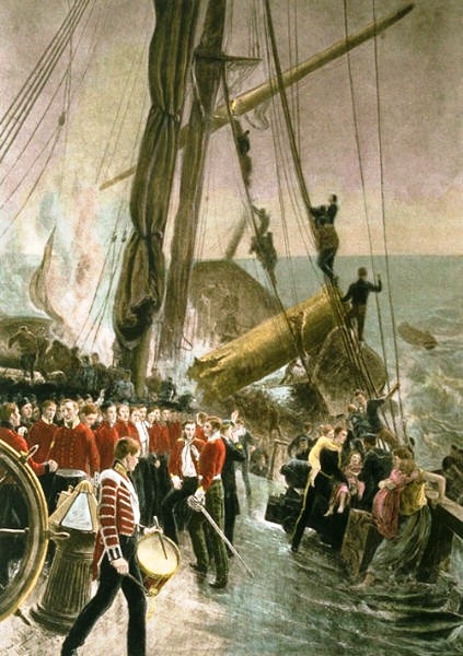 painting showing the wrecked steamer as the soldiers stood back for the women and children.