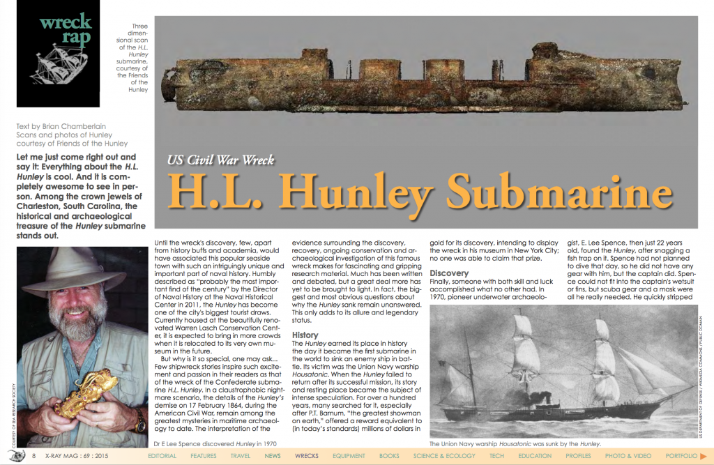 First page of article on Hunley Submarine in "X-Ray Magazine"
