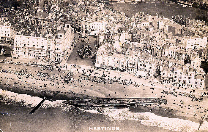 The former German sub U-118 ashore in front of Imperial Hotel at Hastings
