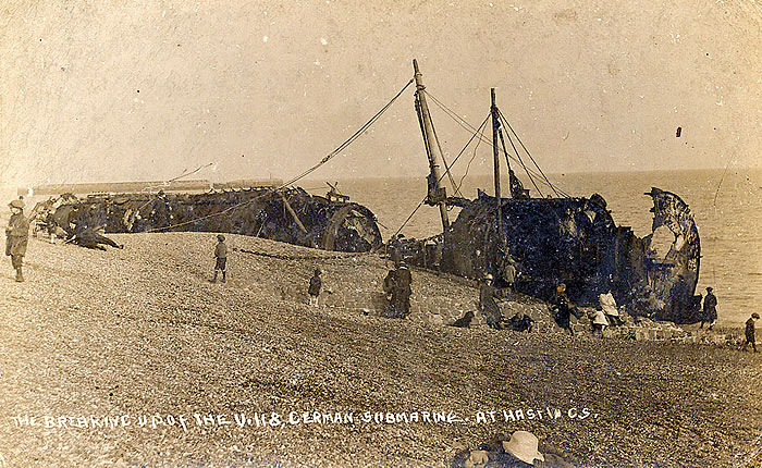 ex-German sub U-118 being scrapped on the beach at Hastings
