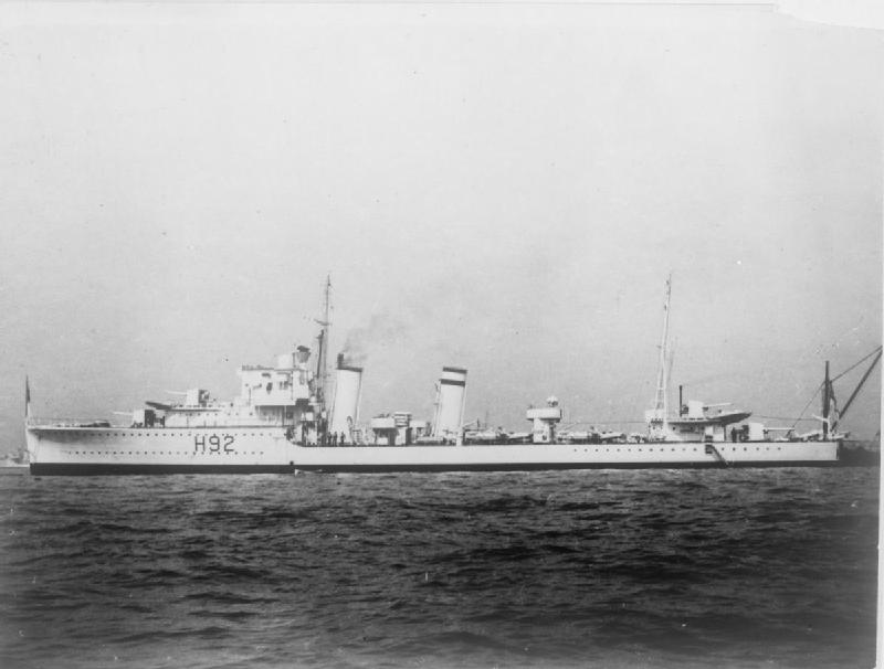 British destroyer HMS GLOWWORM at anchor.