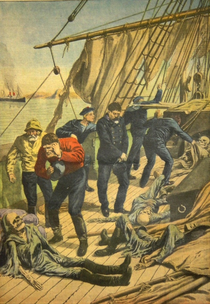 artist's gruesome rendering of the inspection of the dead aboard the Marlborough