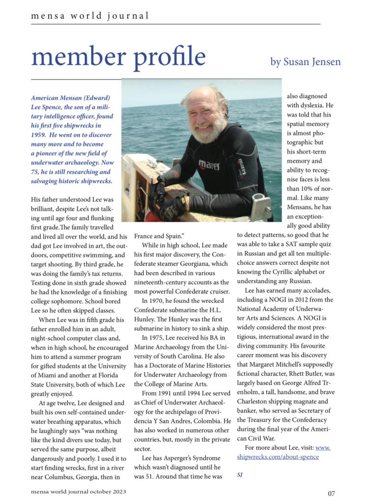 PDF of article by Susan Jensen in the Oct. 2023 issue of Mensa World Journal about Dr. E. Lee Spence